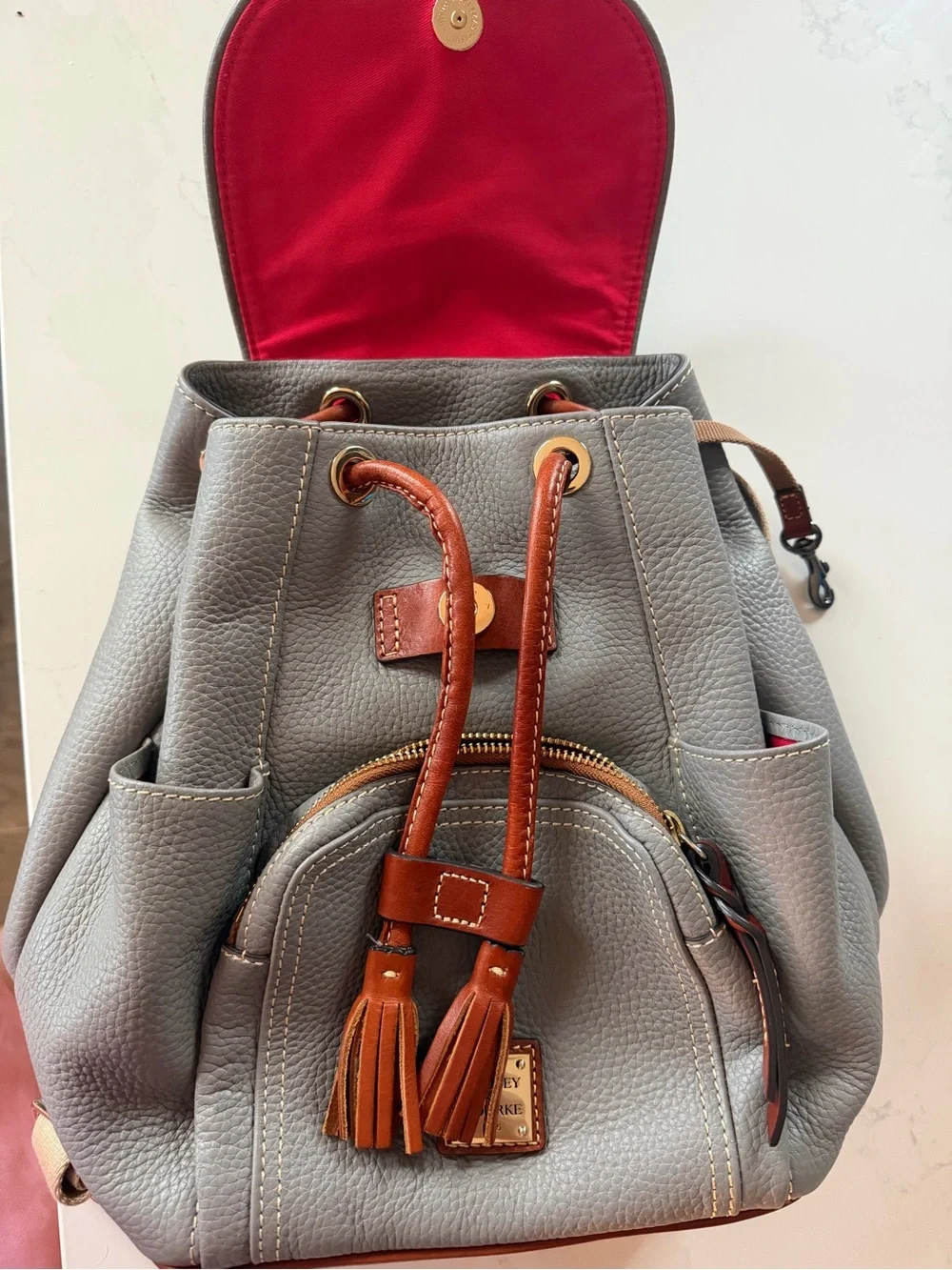 Dooney & Bourke Light Grey Pebbled Leather Backpack with Brown Trim